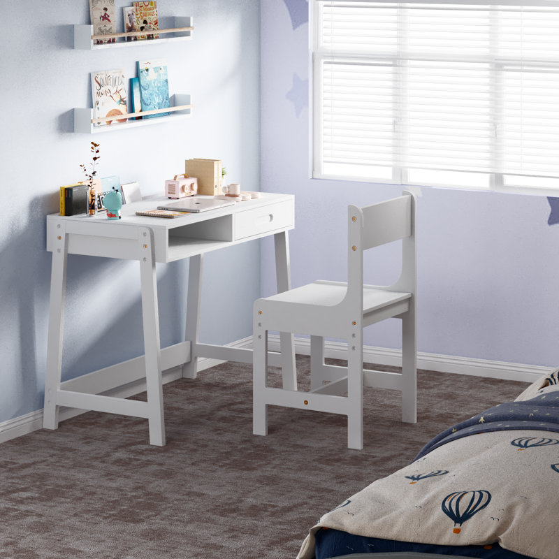 Ensemble de bureau et de chaise pour enfants à hauteur réglable, table d'étude pour enfants en bois massif avec tiroir de rangement et compartiment ouvert, poste d'écriture blanc pour tout-petit pour chambre à coucher