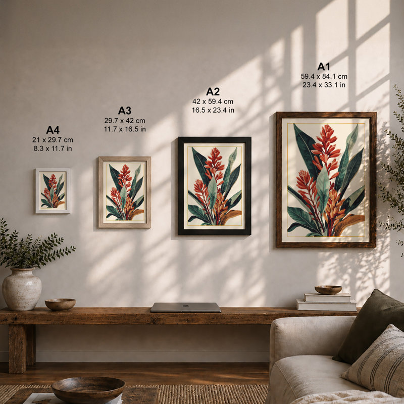 Red Flower Spikes Botanical - Framed Print, A2 - 59.4 x 42.0 cm, Oak