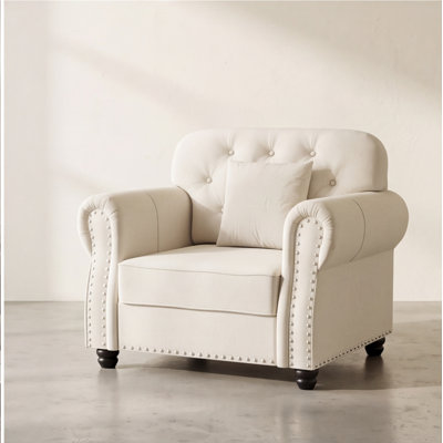 41.3" Single-Seat Velvet Sofa – Mid-Century Modern Chesterfield with Nailhead Trim, Button Tufting, Rolled Arms, and Matching Pillow, Beige/White