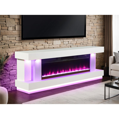 Contemporary TV Stand with Electric Fireplace & Heater - Fahrenheit/Celsius Display, White