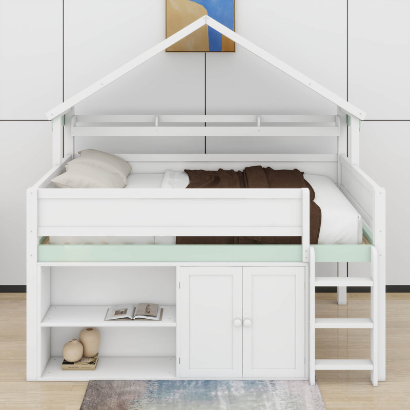 Lit mezzanine double avec toit, Blanc/vert