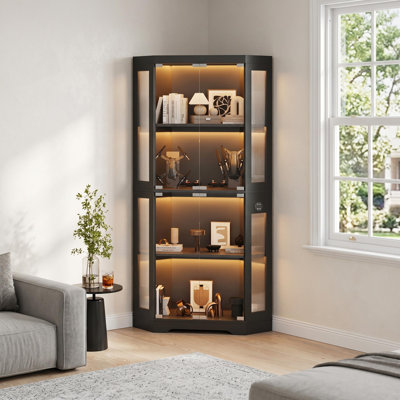 Vitrine en verre, armoires à 4 niveaux avec 3 lumières colorées, bibliothèque d'angle pour objets de collection, armoires de rangement avec capteur de corps humain et ports de charge pour le salon