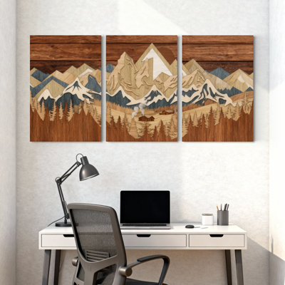 «Landscape & Nature Mountain Landscape with Trees and Cabin», ensemble de 3 impressions d'art sur toile