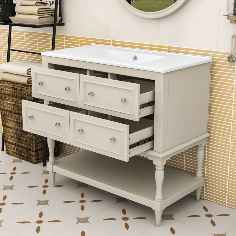 Armoire de meuble-lavabo simple en bois avec lavabo en céramique Elez Elizabeth, Beige