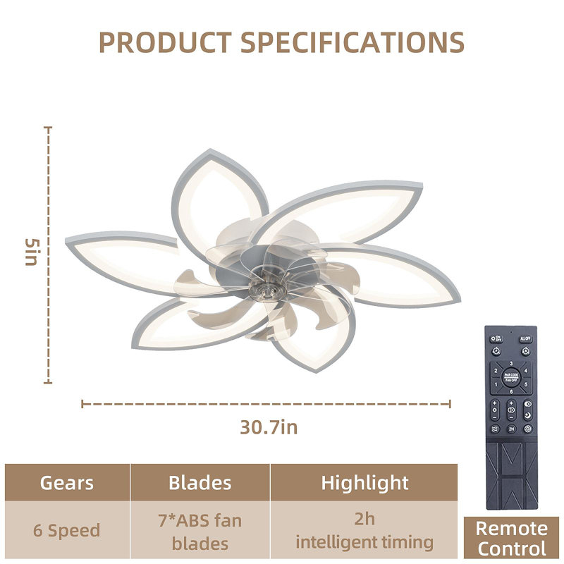 30.7In Ceiling Fan With Lights, Remote Control 3 Color Temperatures,6 Gear Wind Speed Fan Light, White, White
