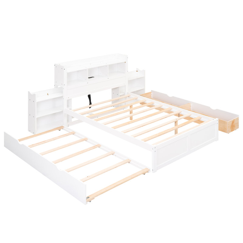 Lit de rangement blanc avec tablettes coulissantes, lit gigogne simple, 2 tiroirs et tiroirs en bois, construction solide, aucun sommier requis