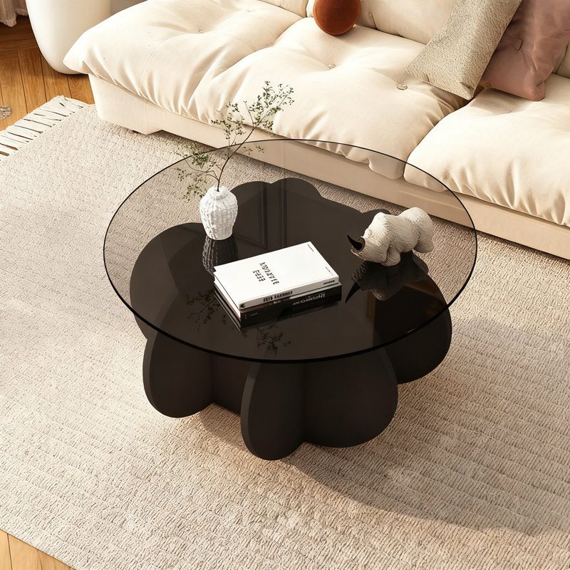Table basse ronde en verre trempé de 31,5 po, table basse moderne de style Mid-Century avec base en bois massif en forme de fleur, table centrale décorative d'une capacité de poids de 170 lb pour le salon, le petit appartement et le bureau personnel