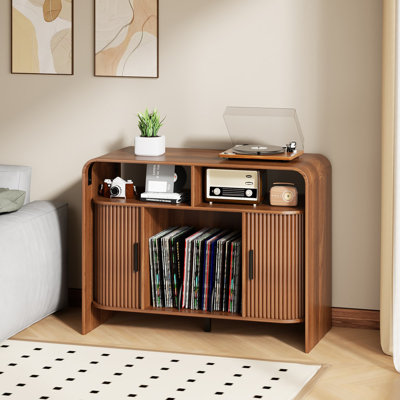 Mid Century Modern Record Player Stand With Sliding Doors, Fluted Vinyl Storage Media Cabinet, Turntable Stand