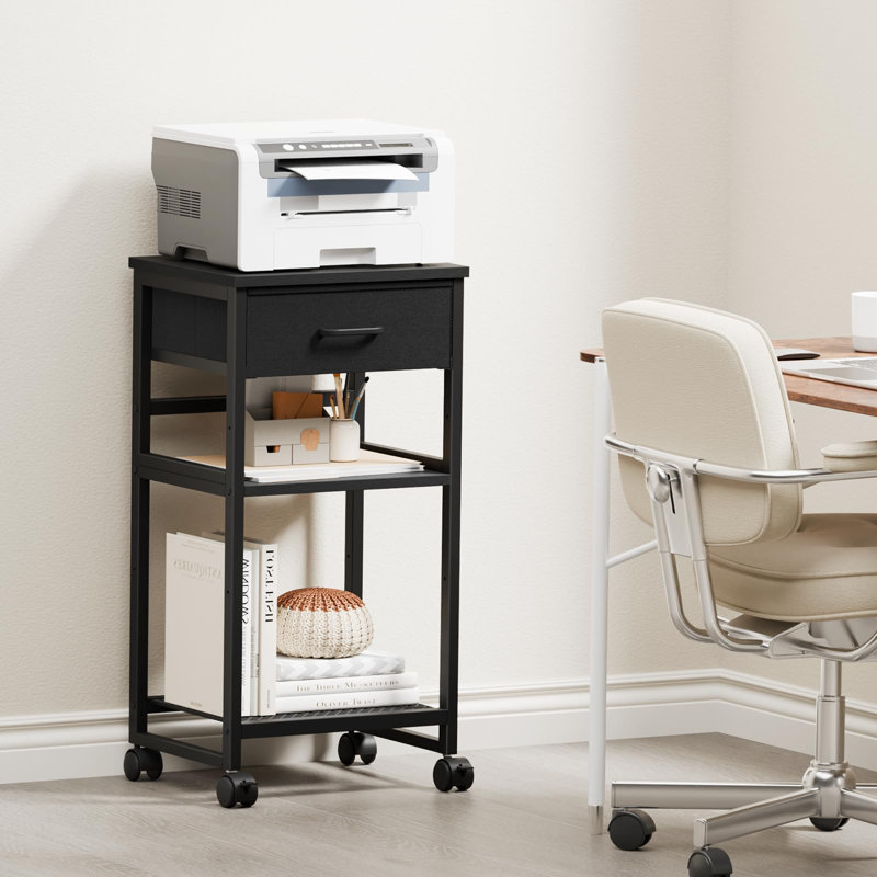 Printer Stand With Storage, Small Rolling Printer Table For Home Office, 3-Tier Printer Cart With Wheels, Modern Industrial Nightstand With Drawer, Side Table