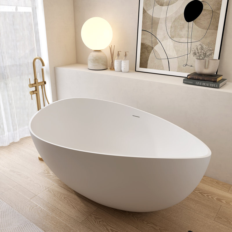 63''Wavy Solid Surface Bathtub, Freestanding Soaking Bathtub, White