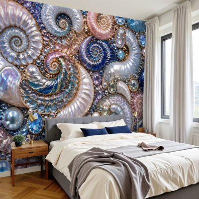 Papier peint adhésif pelez et collez Nautilus coquillages, perles, pierres précieuses, bleu pastel, peintures murales aux tons pastel, H 100 po x l 144 po, papier mural amovible en PVC, auto-adhésif, pour le salon, la chambre, le bureau à domicile