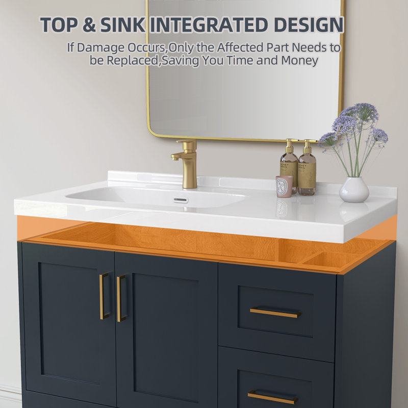42 Inch Solid Surface Bathroom Vanity Top with Left SIde Integrated Sink, Bright White 2" Thick Modern Countertop, 1.38" Rear Backsplash, Smooth Edge Design, Waterproof & Easy Install