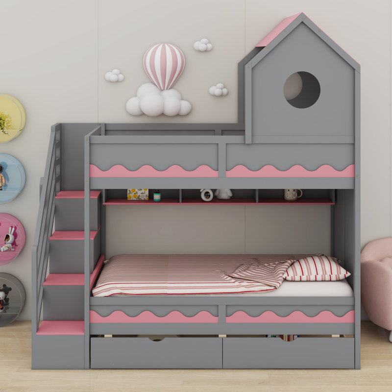 Lit superposé en forme de maison avec tiroirs, escalier, DEL et tablettes, Gris