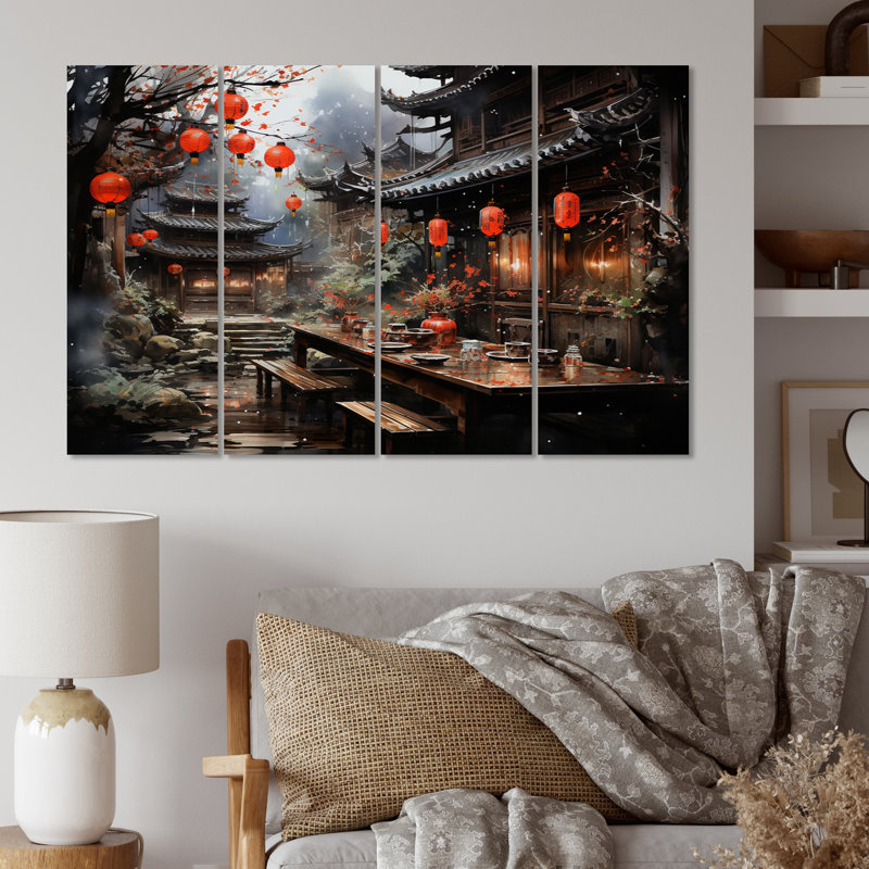 «China Art Red Lantern I», impression d'art mural chinois - 4 panneaux