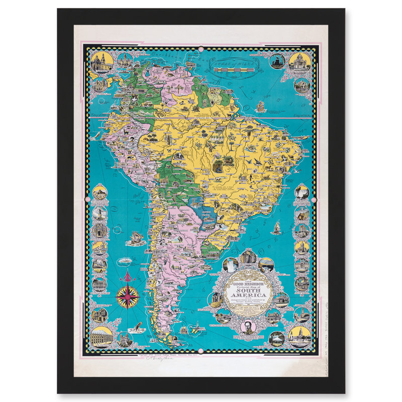 Chase 1942 Pictorial Map South America Historic Monuments Buildings 1 Piece Single Picture Frame Wall Art