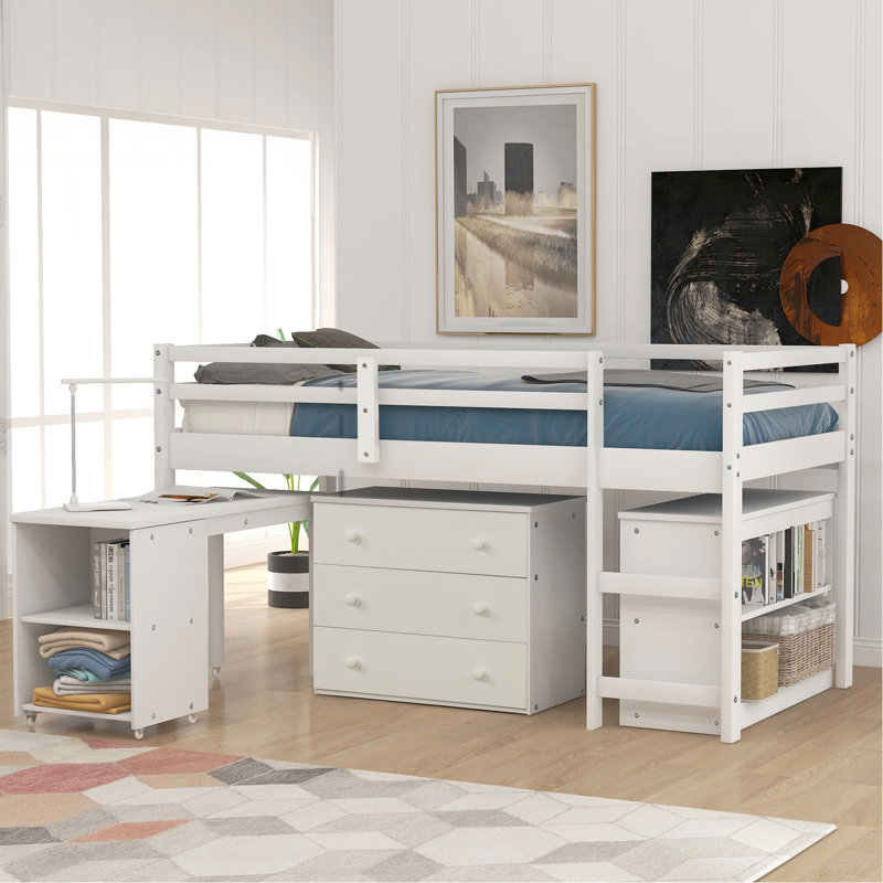 Lit mezzanine simple avec cabinet et bureau mobile à roulettes Low Study, Blanc