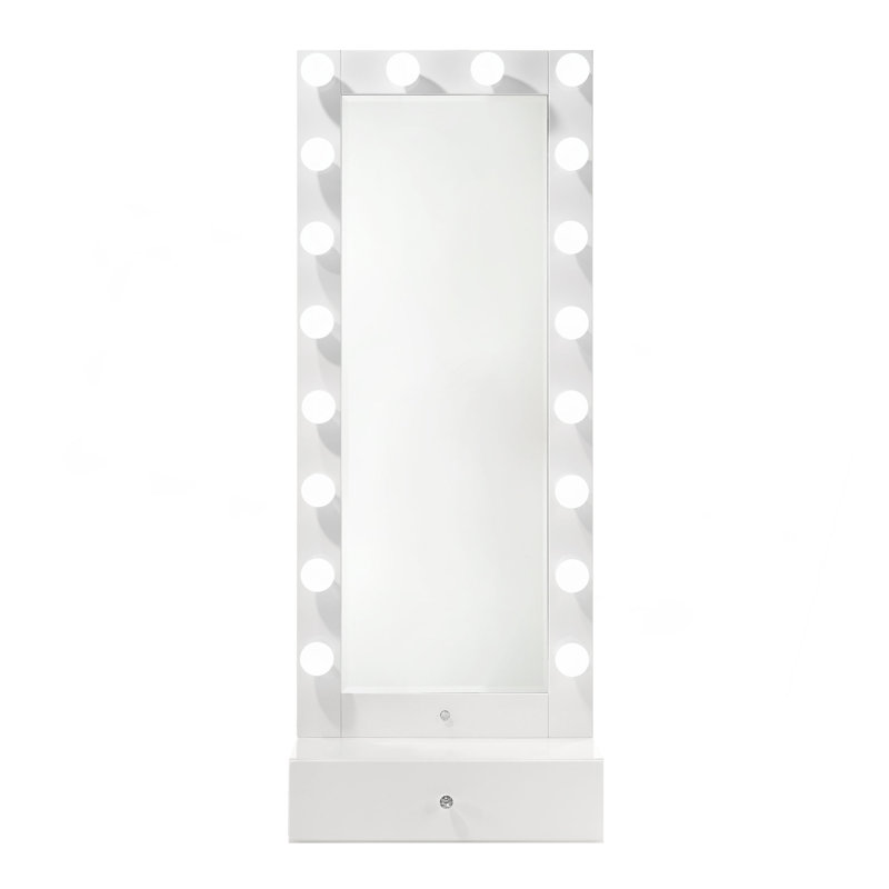 1Pc Glam Tall Lighted Mirror With Drawer Box Beveled Mirror Crystal Knob Glossy White Finish Vanity