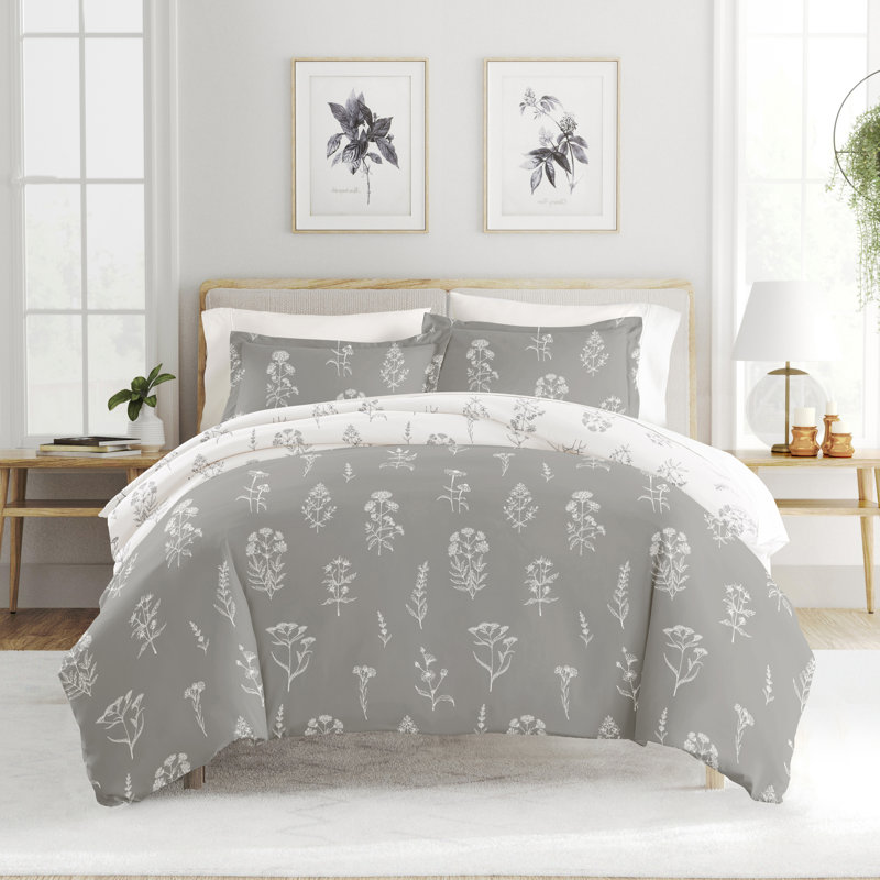 Light Gray Floral Microfiber Full/Queen Duvet Cover Set