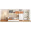 Lit superposé simple au-dessus d'un lit double en bois avec garde-robe, tiroirs, tablettes et lumière DEL (blanc + orange)