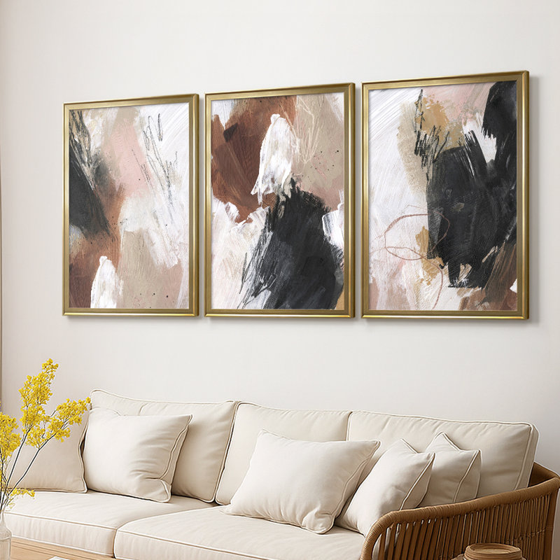 «Unbleached Neutrals I - Toile tendue avec châssis sur mesure - 3 pièces, H 21 po x l 30 po, Doré