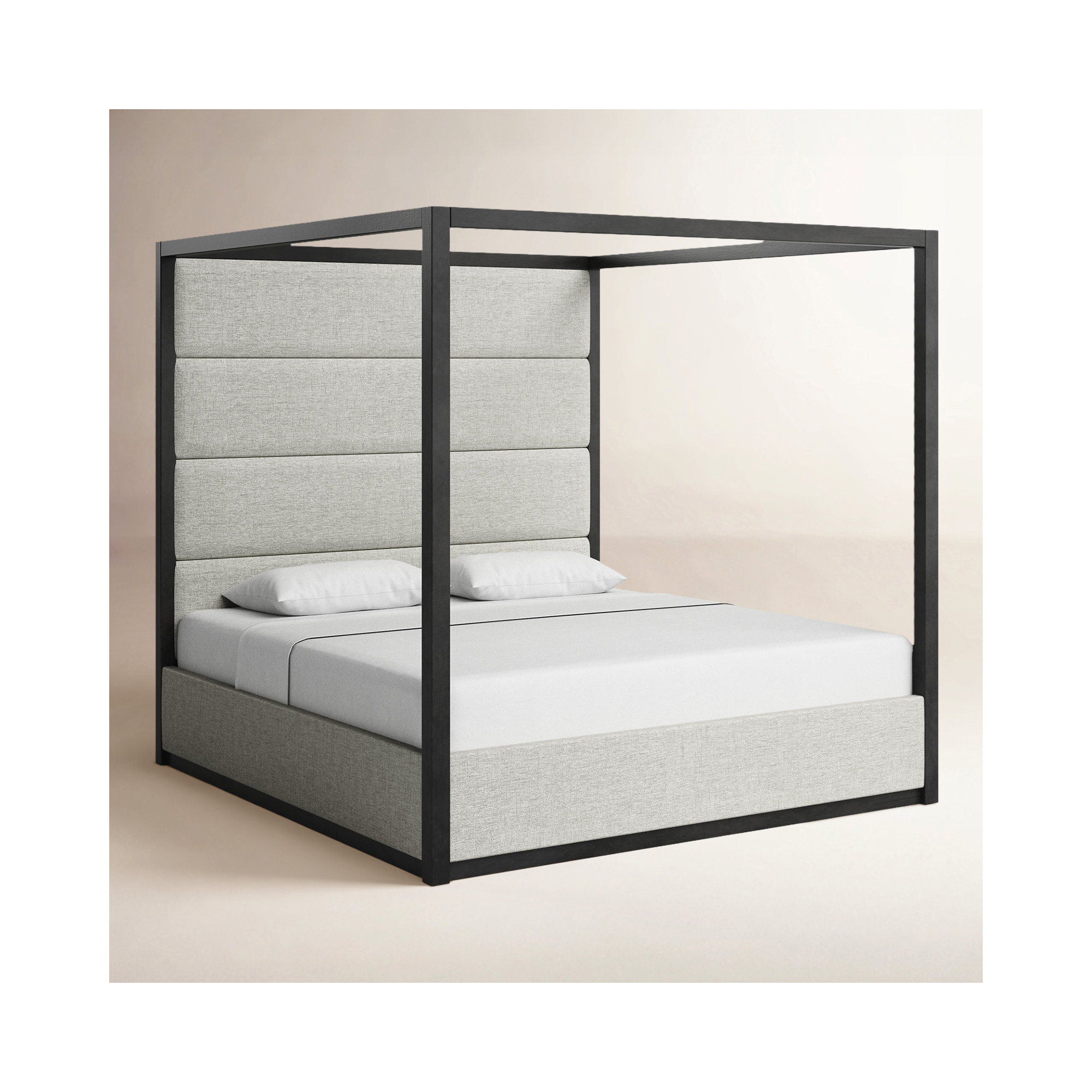 Langley Tufted Canopy Bed, Gray/Off-White, King