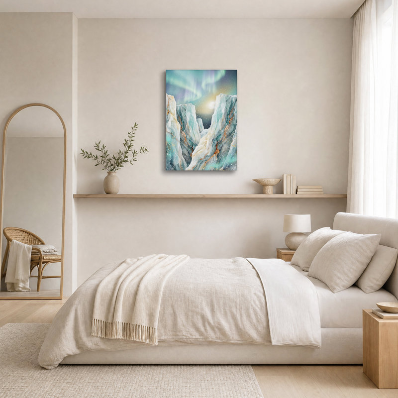 Art mural sur toile Teal Marble Mountains with Gold Veins under Aurora, H 24 po x l 16 po