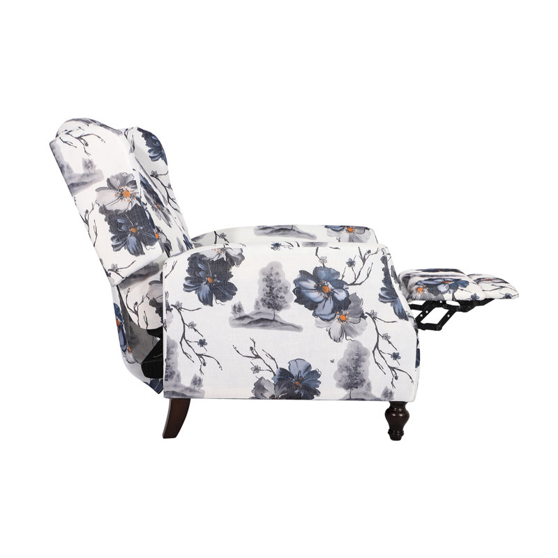 Damar 26.5" Floral Print Upholstered Recliner, Manual Standard Recliner w/ Classic Wing Back, Deep Blue 100% Polyester