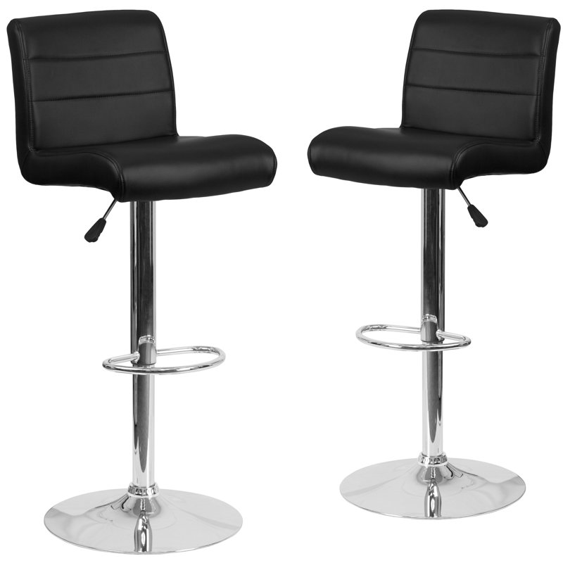 Contemporary Vinyl Adjustable Height Barstool with Rolled Seat and Chrome Base, Black