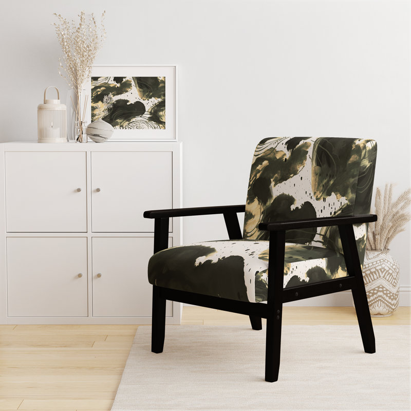 Fauteuil rembourré en velours moderne à motif abstrait avec textures bleues et dorées II, Noir / crème / vert / blanc, Noir