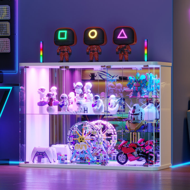 Display Case With Glass Doors And Rgb Light, White