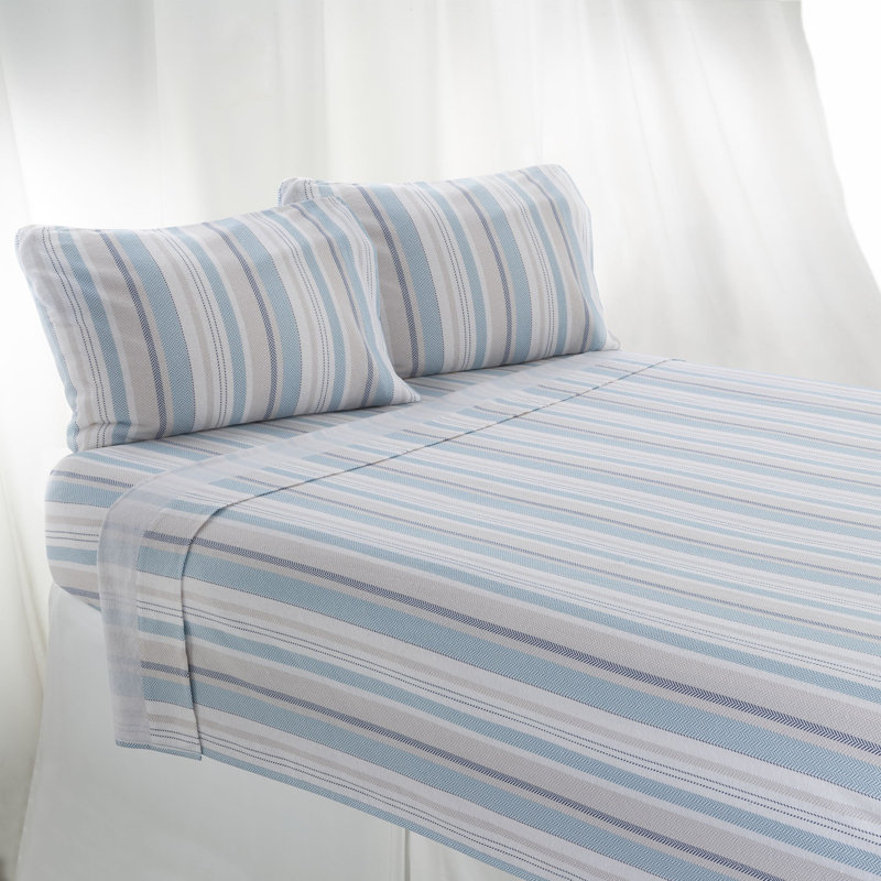 Blue Striped Cotton Flannel Twin Sheet Set
