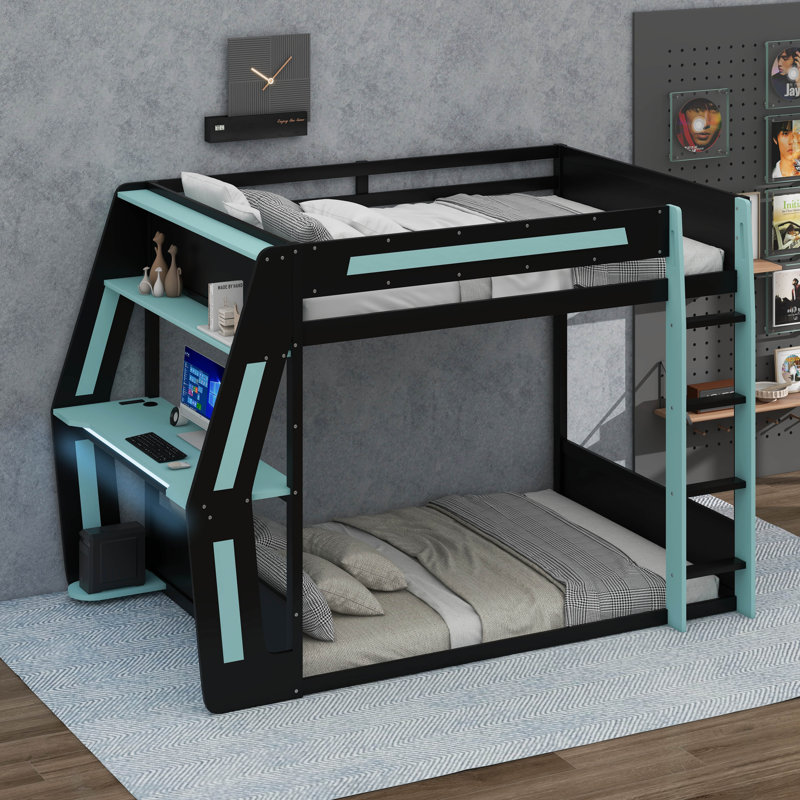 Lit superposé double avec bureau, lumière DEL et station de charge USB, structure de lit mezzanine en bois avec 2 tablettes de rangement