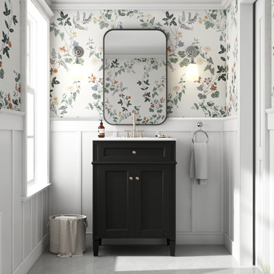 Meuble-lavabo 24 po avec 2 portes et tiroir escamotable, armoire de rangement de salle de bain avec lavabo, portes à fermeture en douceur avec organisateurs