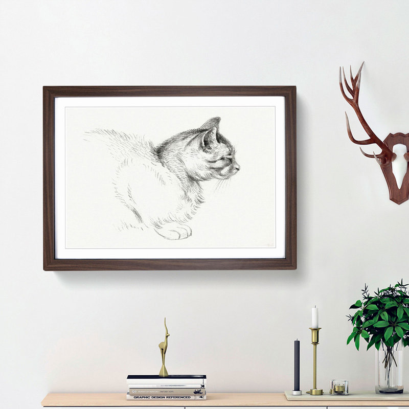 Cat by Jean Bernard - Picture Frame Drawing Print, 48cm H x 65cm W x 2cm D, Walnut Framed