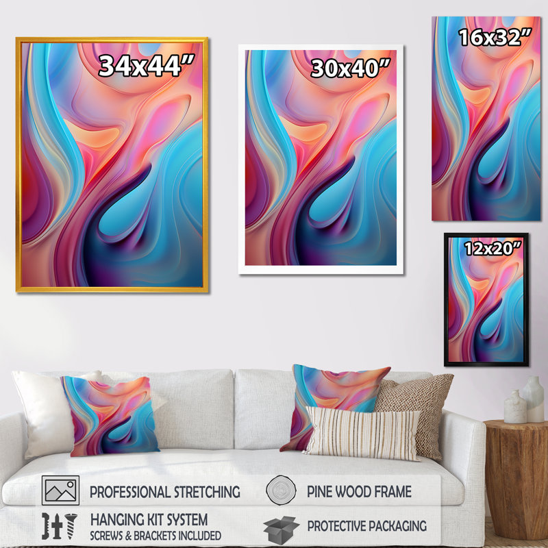 «Transitional Pink and Blue Shapes III», art mural abstrait sur toile, Cadre flottant doré, H 32 po x l 24 po x P 1 po