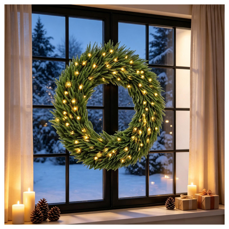 Couronne artificielle de pin de Norfolk pré-illuminée de 91 cm (36 po) avec 100 lumières DEL blanc chaud