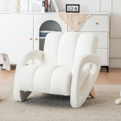 Upholstered Boucle Tufted Armchair with Solid Wood Legs
