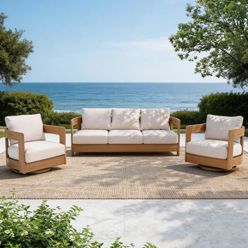 3-piece Wood Outdoor Seating Group With Cushions, Beige