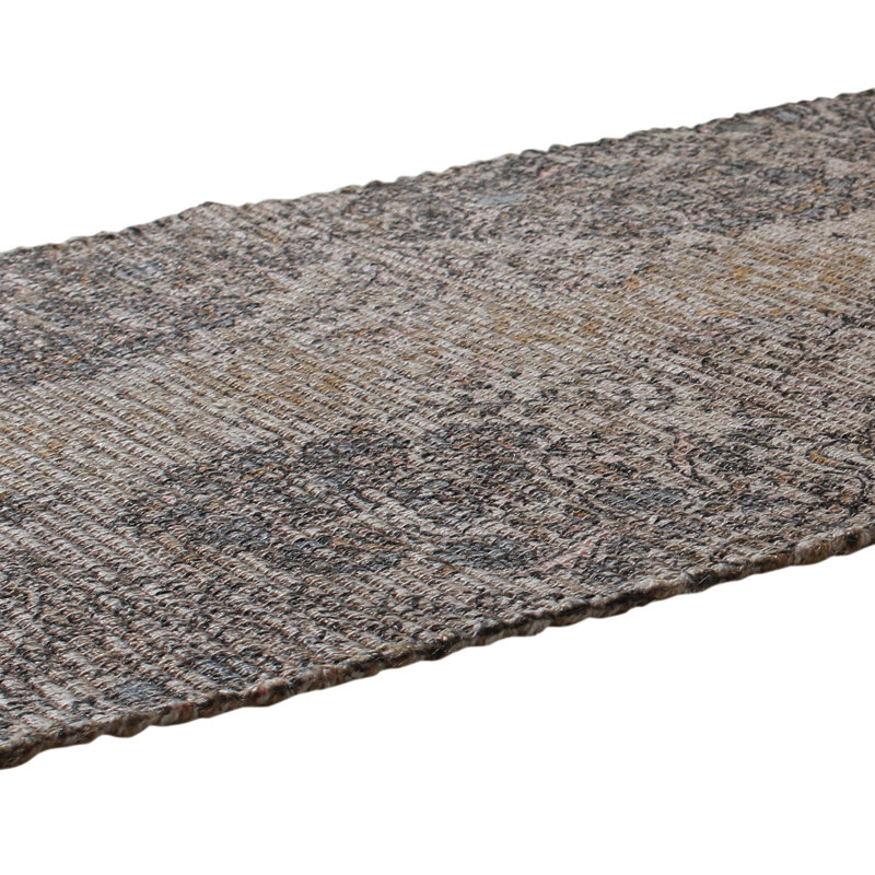 Vintage Inspired Blue and Brown Floral Cotton Rectangular Rug