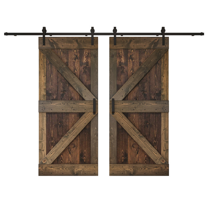Panelled Wood K Series Double Barn Door with Installation Hardware Kit, Smoky Grey/Brown, 72" x 84"