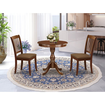 Ensemble de table de cuisine 3 pièces pour petits espaces comprenant une table ronde avec piédestal et 2 chaises de salle à manger en tissu de lin, 30 x 30 pouces, acajou