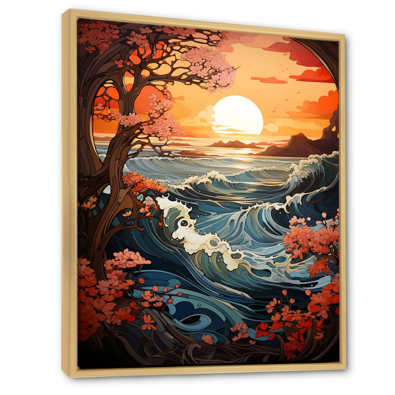 Orange orange, vagues japonaises au coucher du soleil - art mural coucher de soleil côtier, Cadre flottant brun