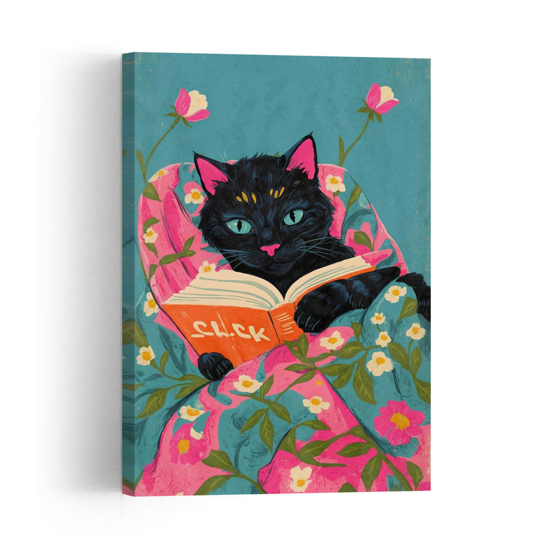 Cozy Reading Cat Vibrant Contemporary Cat Flower Wall Art Print 1 Piece Wrapped Canvas Wall Art, 60.96cm H x 40.64cm W