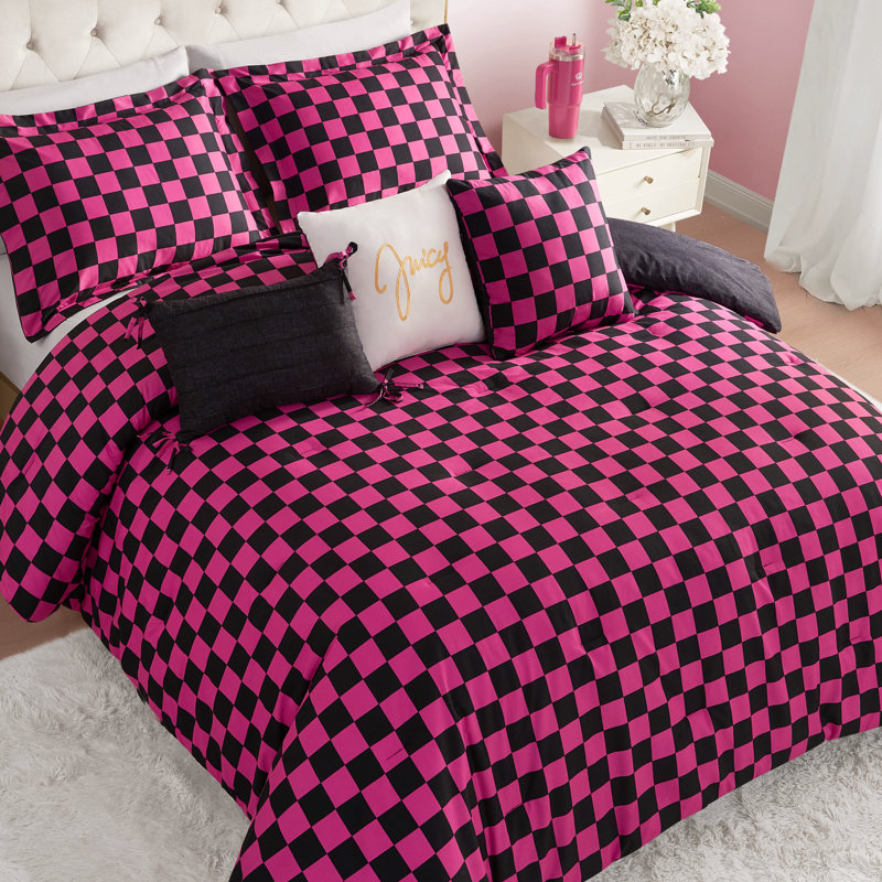 Juicy Couture Checkerboard Comforter Sets, Black/Hot Pink, Queen Comforter + 5 Additional Pieces