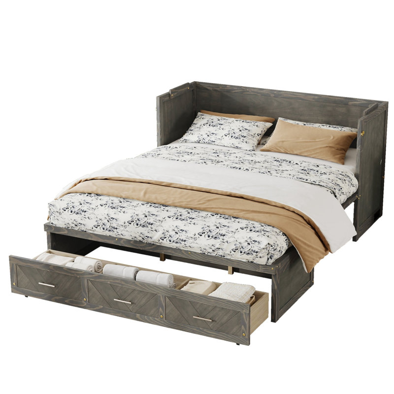 Grand lit escamotable en bois massif avec station de charge USB intégrée et panneau de décoration géométrique, Gris