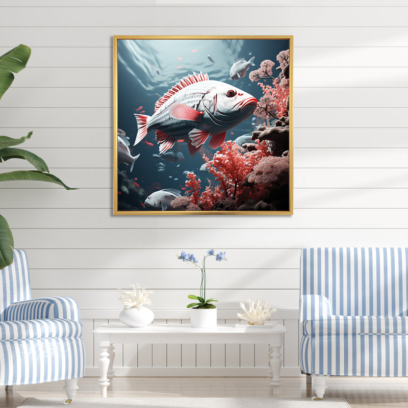 Danse de poissons monochrome rose et gris, Cadre flottant doré, H 30 po x l 30 po x P 1 po