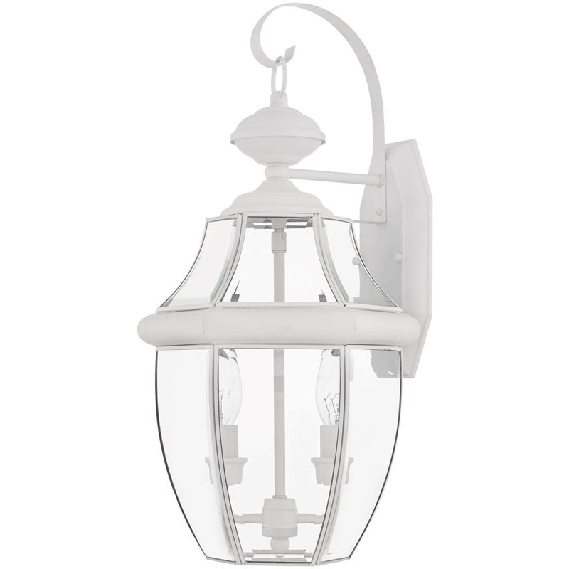 10.5in 2-Light Outdoor Wall Lantern Pendant Fixture with Clear Beveled Glass Shade, White