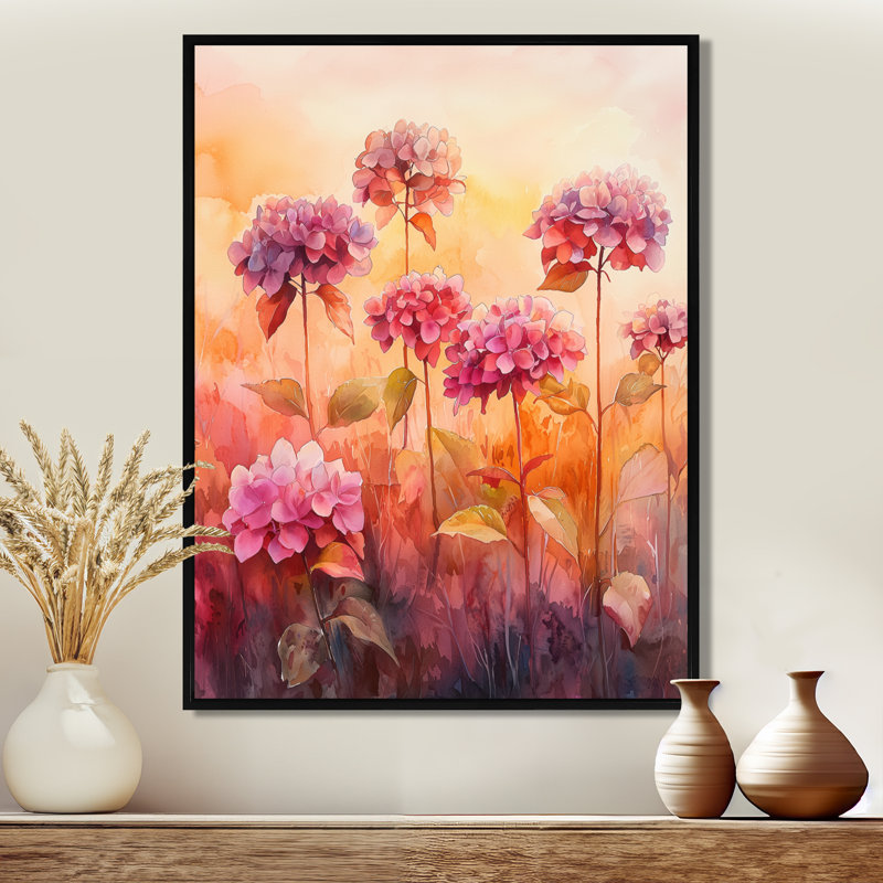 Hydrangea Field At Sunset I - Hydrangea Wall Art Decor, Black, Floater Framed Print, 20" H x 12" W