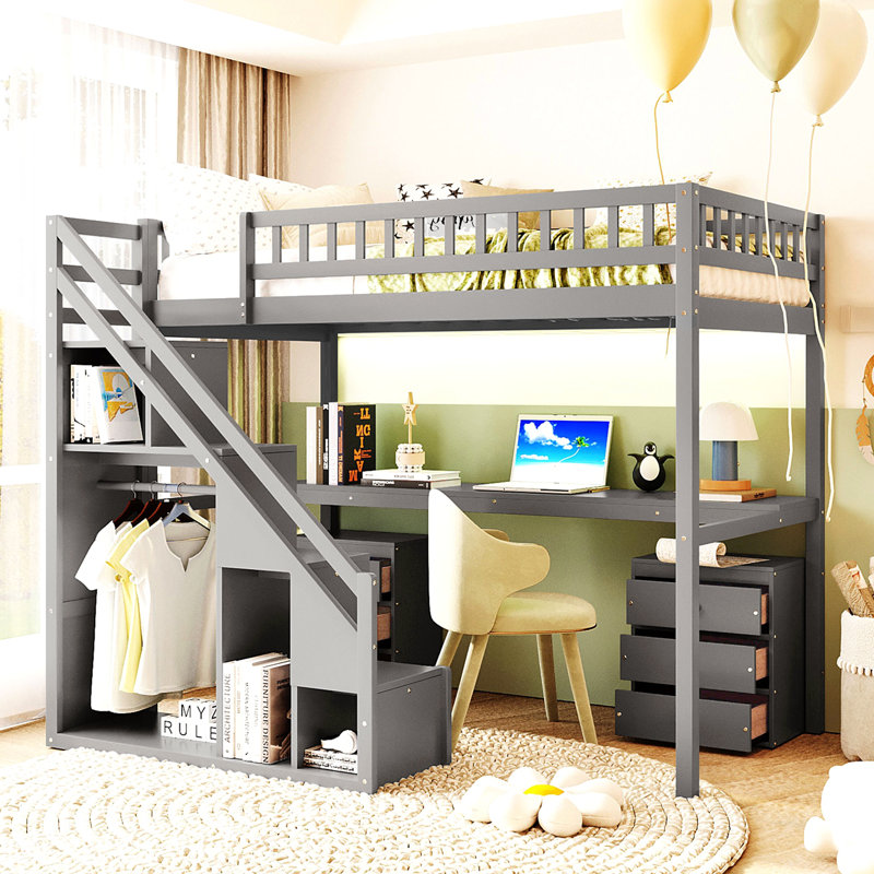 Lit mezzanine simple avec deux commodes, bureau et bande lumineuse, Gris