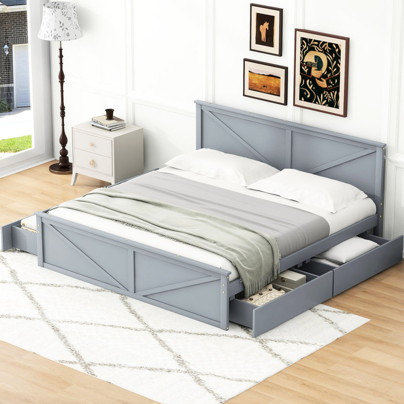 Très grand lit en bois avec quatre compartiments de rangement, gris - Maximisez votre lit dans la chambre à coucher, Gris